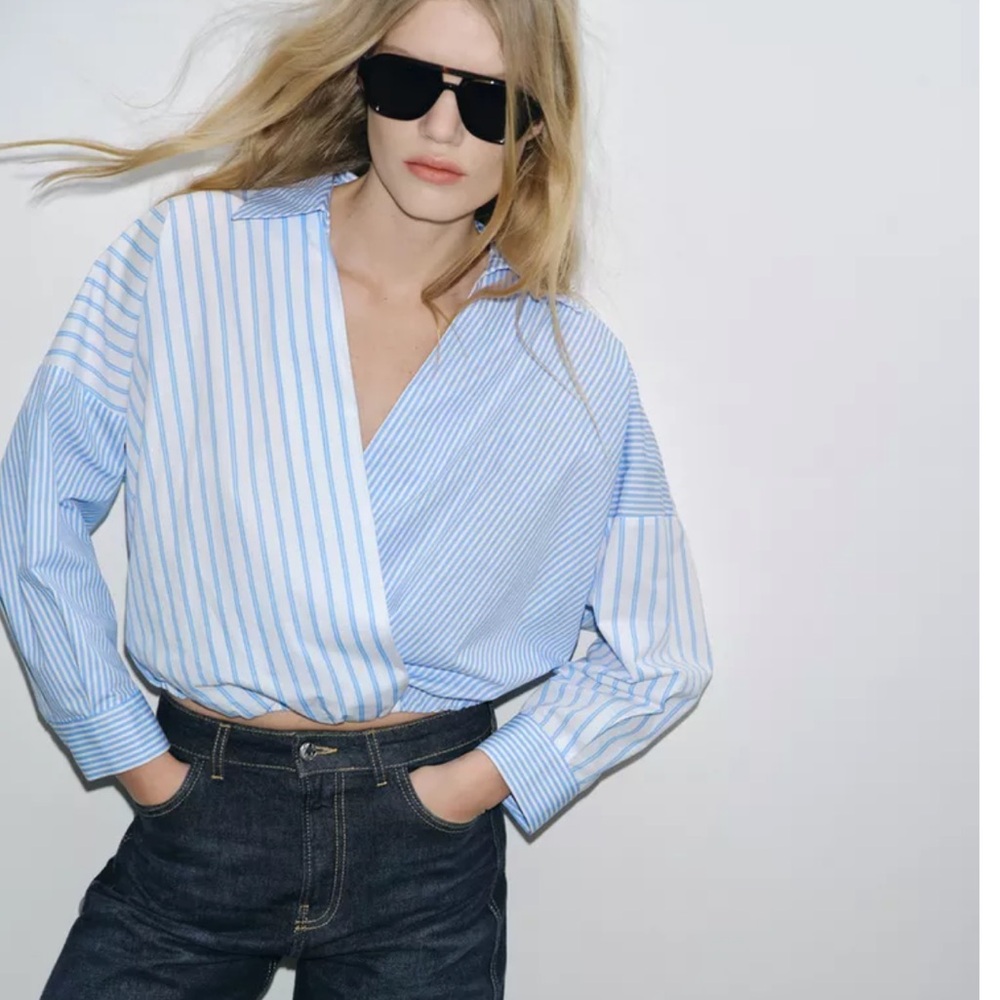 ZARA Mixed Stripe Patchwork Long Sleeve Crop Blouse V-Neck Elastic Hem Top XL